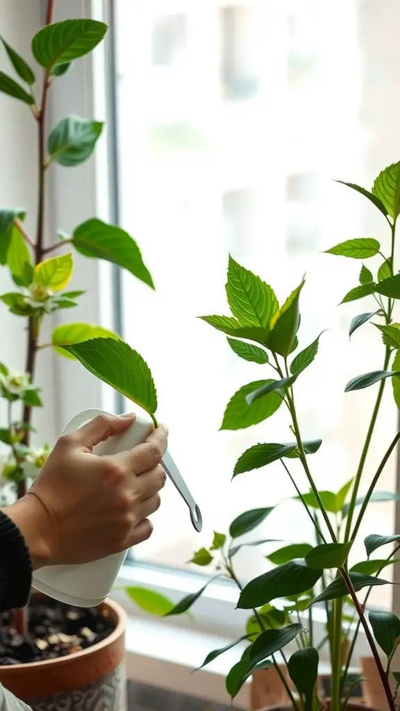 19 Beautiful Indoor House Plant Ideas to Refresh Your Space 17 A person watering indoor plants by a window, emphasizing plant care and hydration.