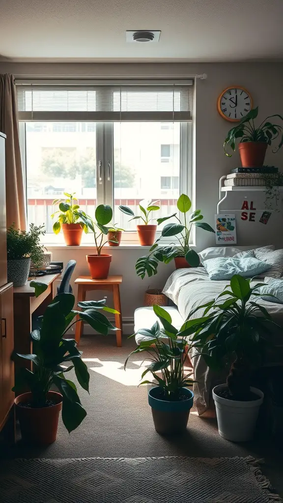 19 Stylish Dorm Room Ideas for a Cozy and Functional Space 9 A cozy dorm room with various potted plants near a window, showcasing a fresh and vibrant atmosphere.