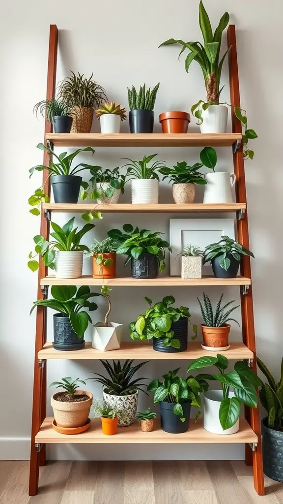 21 Stunning House Plant Decor Ideas for Every Room 2 A wooden ladder shelf filled with various houseplants in different pots and sizes