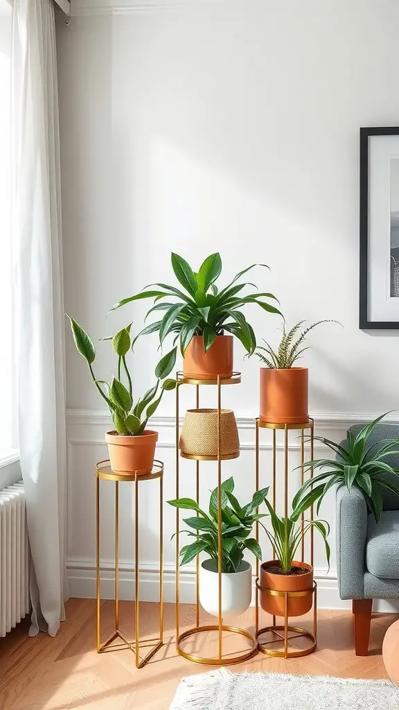 21 Stunning House Plant Decor Ideas for Every Room 11 A modern indoor plant display featuring various plants on stylish gold plant stands.