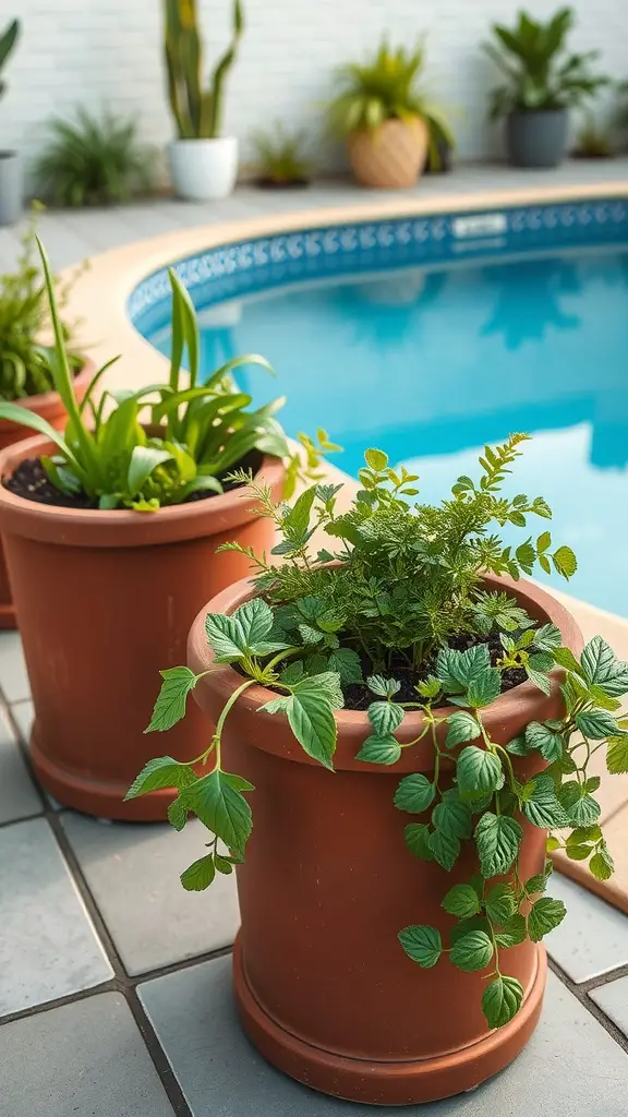 19 Stunning Planter Ideas to Enhance Your Pool Area 16 Planters with edible plants near a swimming pool, featuring fresh mint and other green herbs.