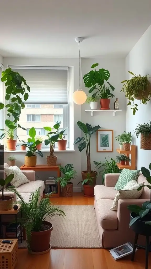 21 Creative Dorm Living Room Ideas to Maximize Space 11 A cozy dorm living room filled with various potted plants, featuring a light fixture and soft seating.