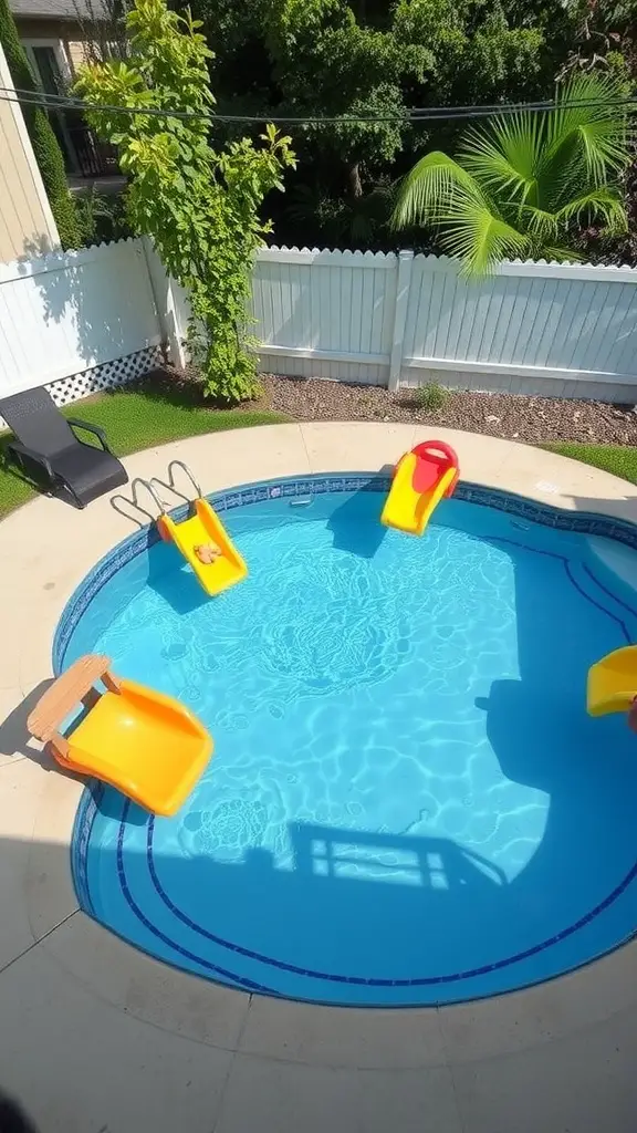19 Creative Small Inground Pool Ideas for Your Backyard Retreat 17 A small inground pool with yellow slides, surrounded by greenery and a white fence.