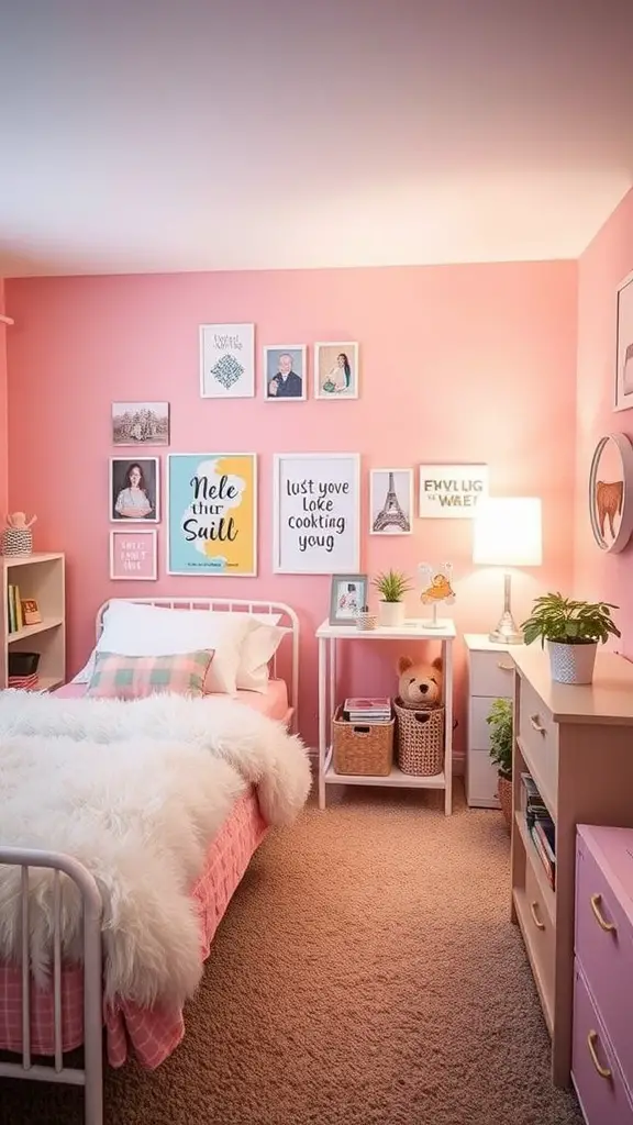 19 Dreamy Pink Dorm Room Ideas to Inspire Your Space 10 A cozy pink dorm room with a bed, decorative wall art, and a bedside table.