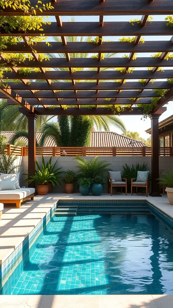 15 Inspiring Plunge Pool Ideas for Your Backyard Oasis 15 A plunge pool with a pergola and outdoor lounge area, featuring a blue tiled pool, comfortable seating, and potted plants.