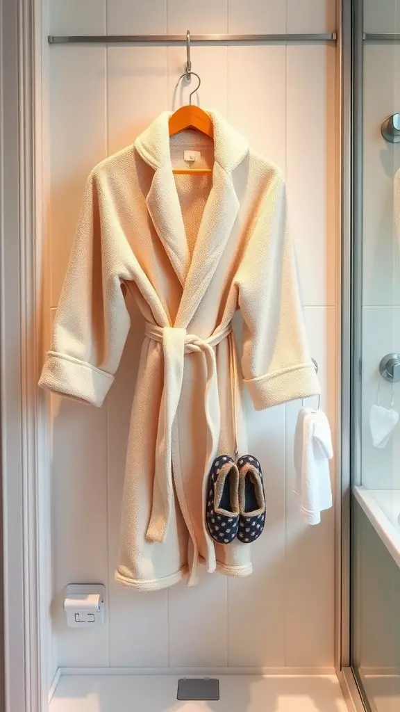 17 Cozy Bathroom Ideas for a Relaxing Retreat 11 A plush cream bathrobe hanging on a hook with navy blue slippers nearby, set in a bright bathroom