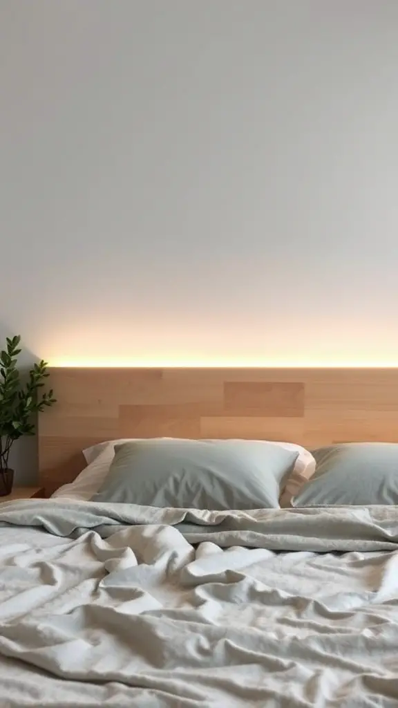 17 Creative Dorm Headboard Ideas to Transform Your Space 12 Plywood headboard with built-in lighting above a bed, featuring soft pillows and a cozy blanket.