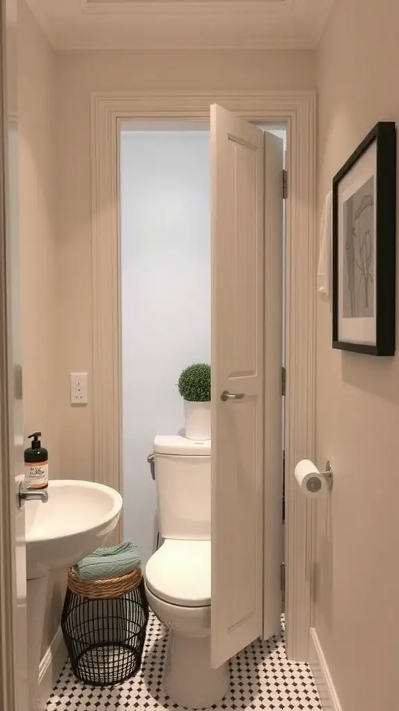 23 Stunning Small Bathroom Interior Ideas for a Stylish Makeover 12 A small bathroom with a pocket door, modern fixtures, and a clean design.