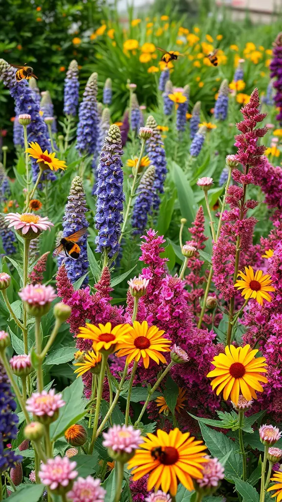 23 Stunning Shrubs for Beautiful Landscaping Ideas 14 Colorful garden filled with flowers and shrubs attracting bees, showcasing pollinator-friendly plants.