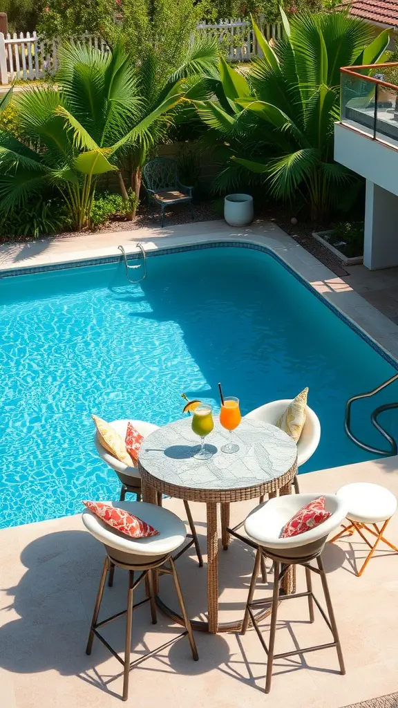 15 Creative Ideas for Small Backyard Pools 12 A poolside bar setup with colorful drinks on a round table surrounded by stylish stools near a swimming pool.