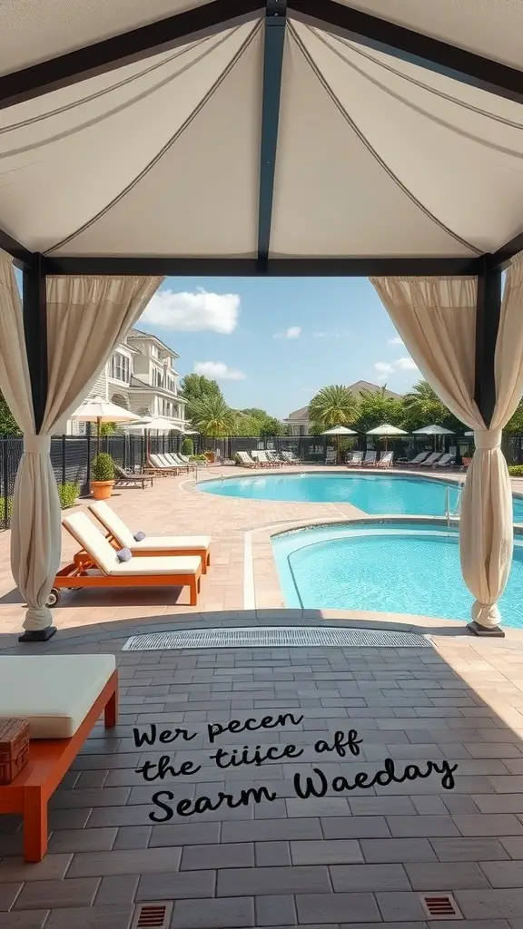 13 Dreamy Lazy River Pool Ideas for Your Backyard Transformation 5 A poolside cabana with loungers and a view of the pool