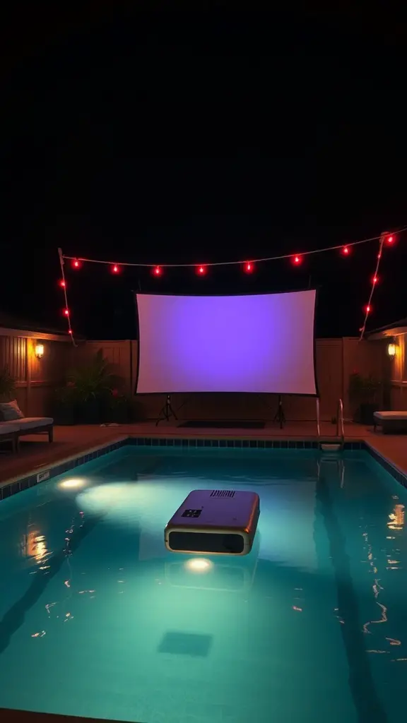 13 Creative Intex Pool Ideas for Your Backyard Oasis 12 An inviting poolside movie setup with a projector floating on the water and a large screen illuminated by red string lights.