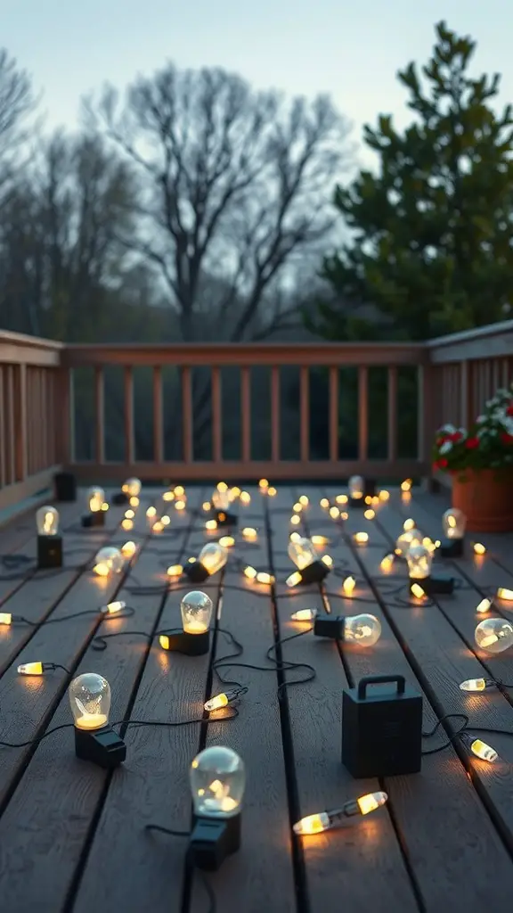 13 Stunning Deck Lighting Ideas to Illuminate Your Outdoor Space 13 A deck with scattered portable LED lights glowing warmly.