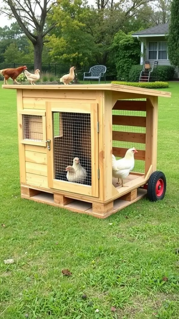 19 Creative Pallet Chicken Coop Ideas You’ll Love 10 A portable pallet chicken coop on wheels with chickens inside and on the roof