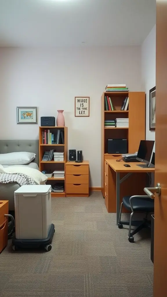 19 Creative Small Dorm Room Ideas to Maximize Your Space 17 A small dorm room featuring a bed, desk, and portable storage options, showcasing practical and stylish organization.