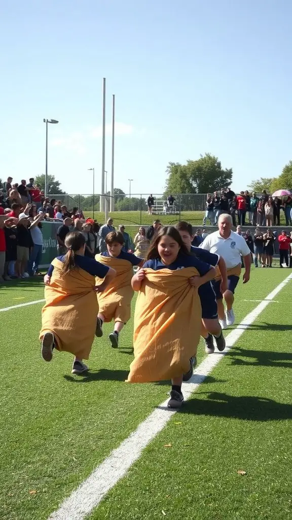 23 Fun Outdoor Party Games for Unforgettable Gatherings 11 Children participating in a potato sack race relay outdoors, displaying excitement and teamwork.