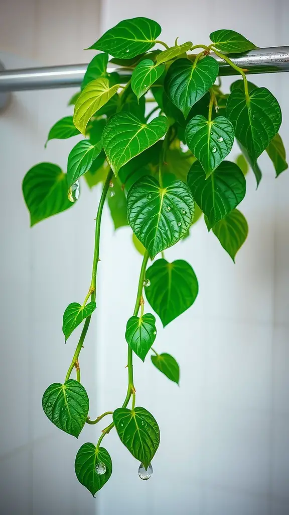27 Shower Plants Ideas to Transform Your Bathroom into a Green Oasis 4 A vibrant Pothos plant with heart-shaped leaves hanging from a shower rod, surrounded by droplets of water.