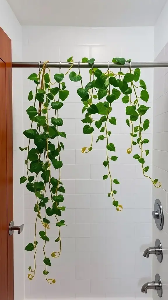15 Stunning Bathroom Plants that Thrive in Low Light 10 A Pothos plant hanging gracefully in a shower, showcasing its lush green vines against a white tiled background.