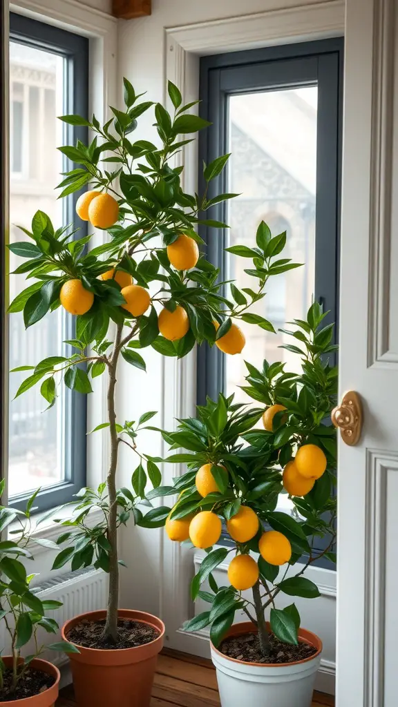 21 Growing Indoor Plant Ideas to Transform Your Space 14 Several potted citrus trees with vibrant oranges growing indoors, placed near windows.