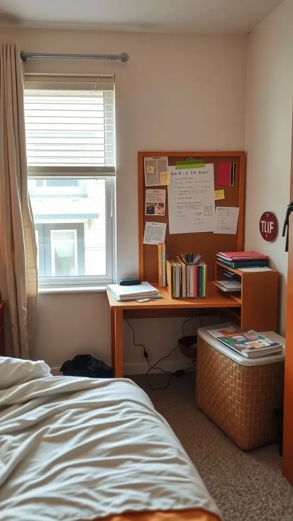 19 Stylish Dorm Room Ideas for Guys 14 A cozy dorm room study corner with a desk, bulletin board, and natural light.