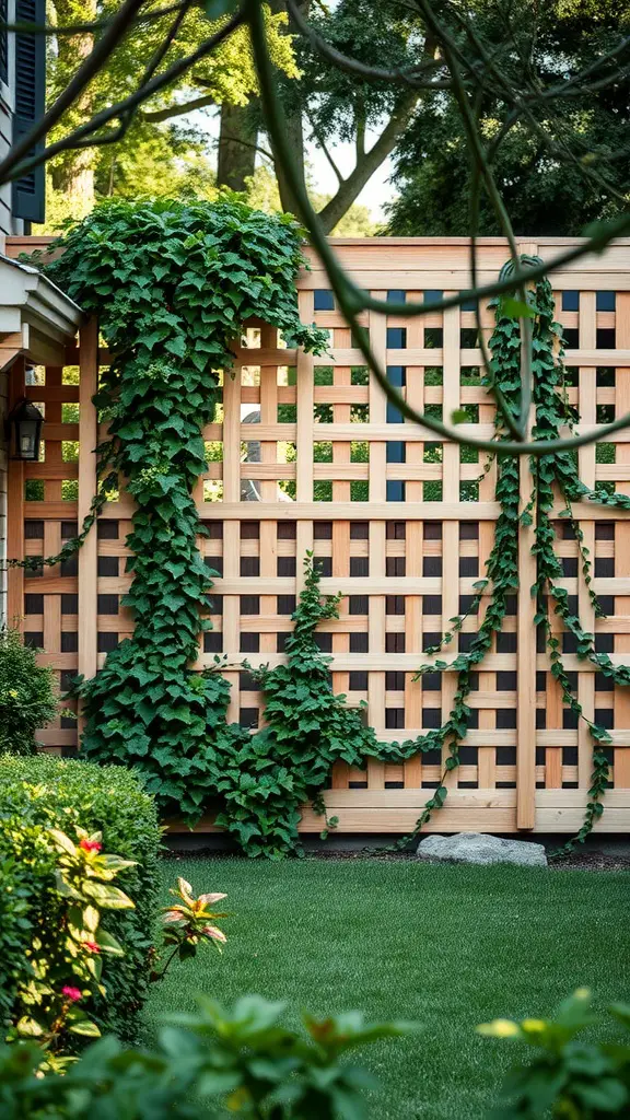 21 Creative Garden Fence Ideas to Transform Your Outdoor Space 7 A wooden privacy lattice fence covered with green climbing plants in a garden.
