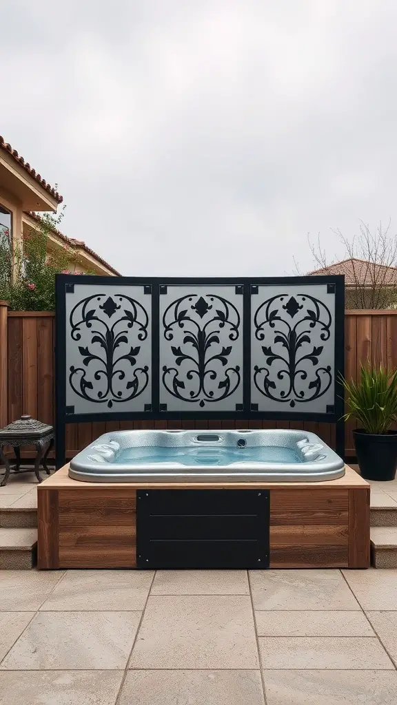 19 Creative Hot Tub Privacy Ideas for Ultimate Relaxation 5 A hot tub surrounded by artistic privacy panels featuring floral designs.