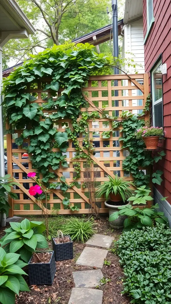 23 Creative Side Yard Landscaping Ideas You’ll Love 7 A wooden lattice privacy screen covered with climbing vines, surrounded by potted plants and flowers.