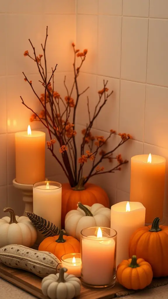 19 Adorable Little Pumpkin Baby Shower Ideas You’ll Love 11 A display of pumpkin-scented candles surrounded by small pumpkins and decorative branches.