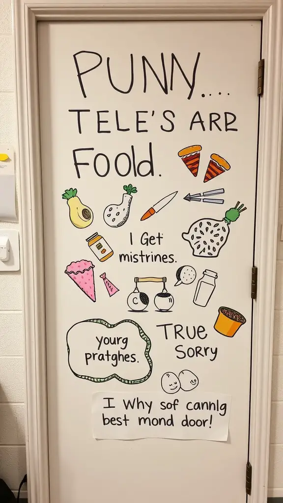 21 Creative Dorm Door Decoration Ideas for a Personal Touch 11 A dorm door decorated with humorous food-related puns and colorful drawings.