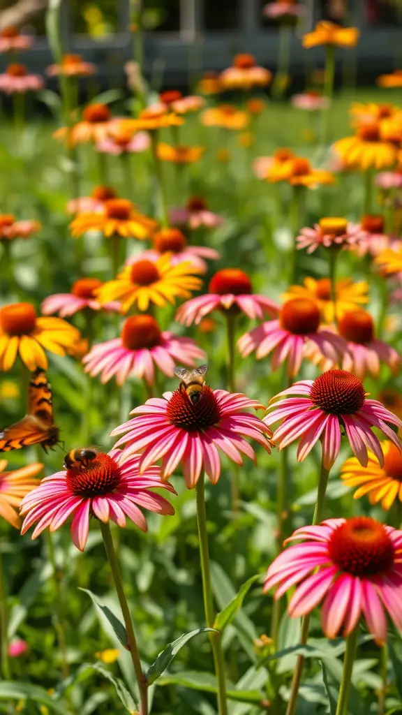 21 Stunning Full Sun Plants for Your Garden 9 A vibrant field of coneflowers with bees and a butterfly, showcasing their beauty and pollinator-friendly nature.