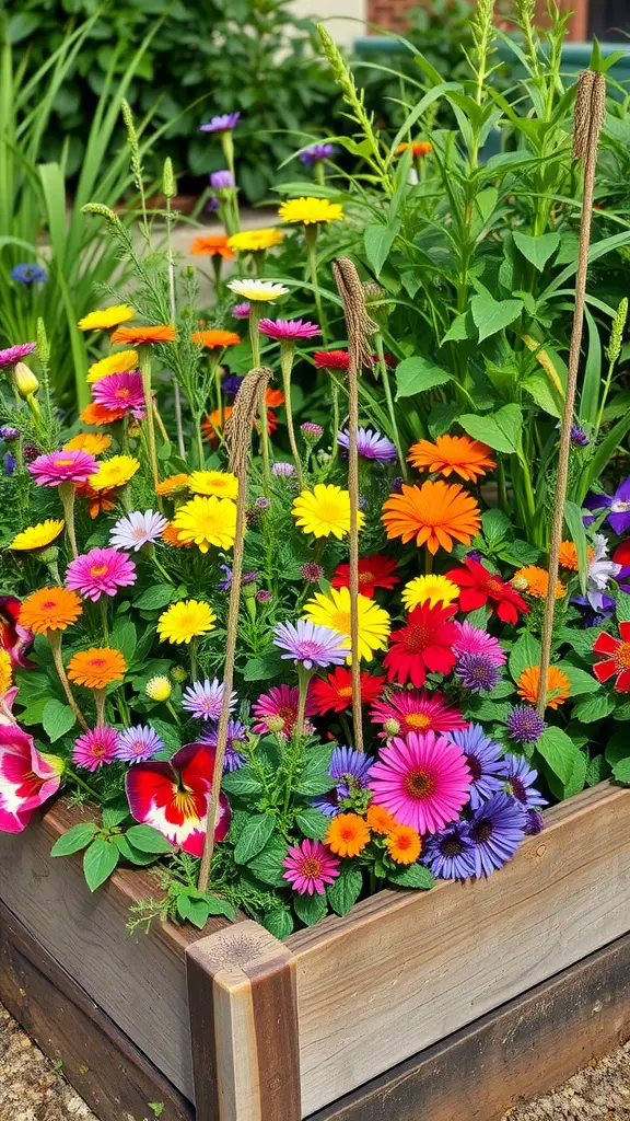 19 Creative Raised Garden Bed Layout Ideas for Your Backyard 11 Colorful raised garden bed filled with various edible flowers, showcasing a vibrant array of colors.