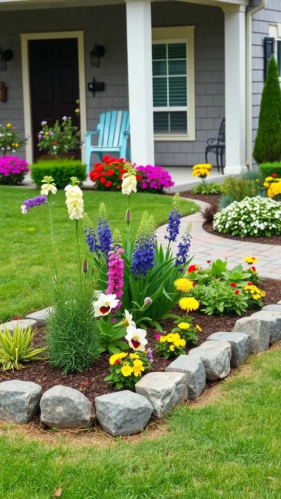 25 Beautiful Raised Flower Bed Ideas for Your Front House 9 Colorful raised flower beds with stone edging in front of a house