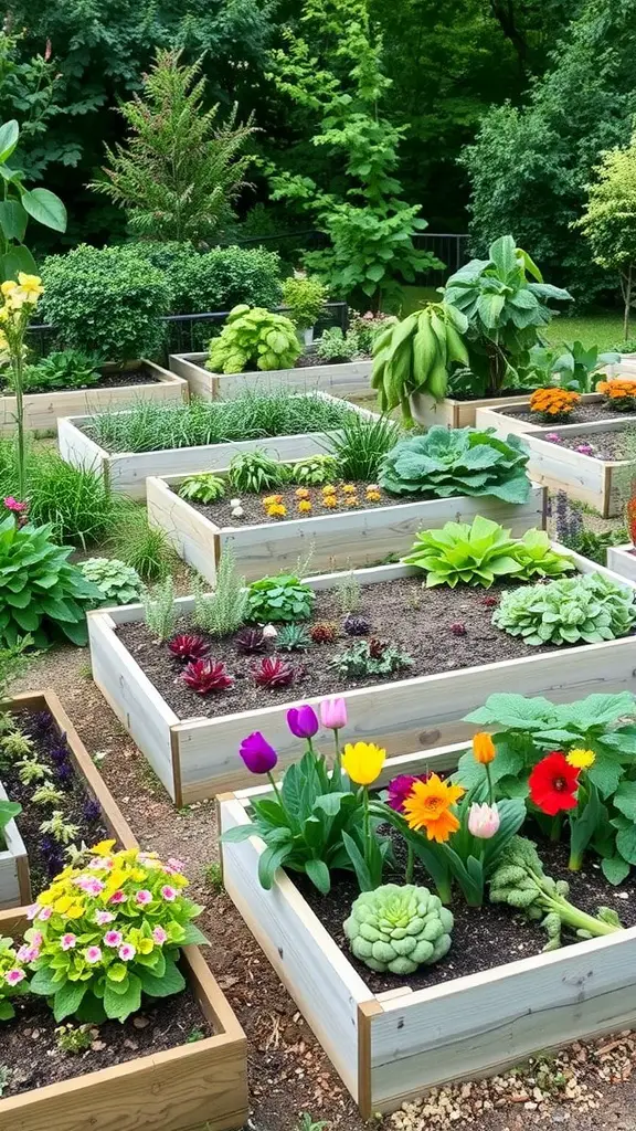 25 Creative Ideas for Beautiful Small Gardens 10 A beautiful display of raised garden beds filled with flowers and vegetables, showcasing vibrant colors and healthy plants.