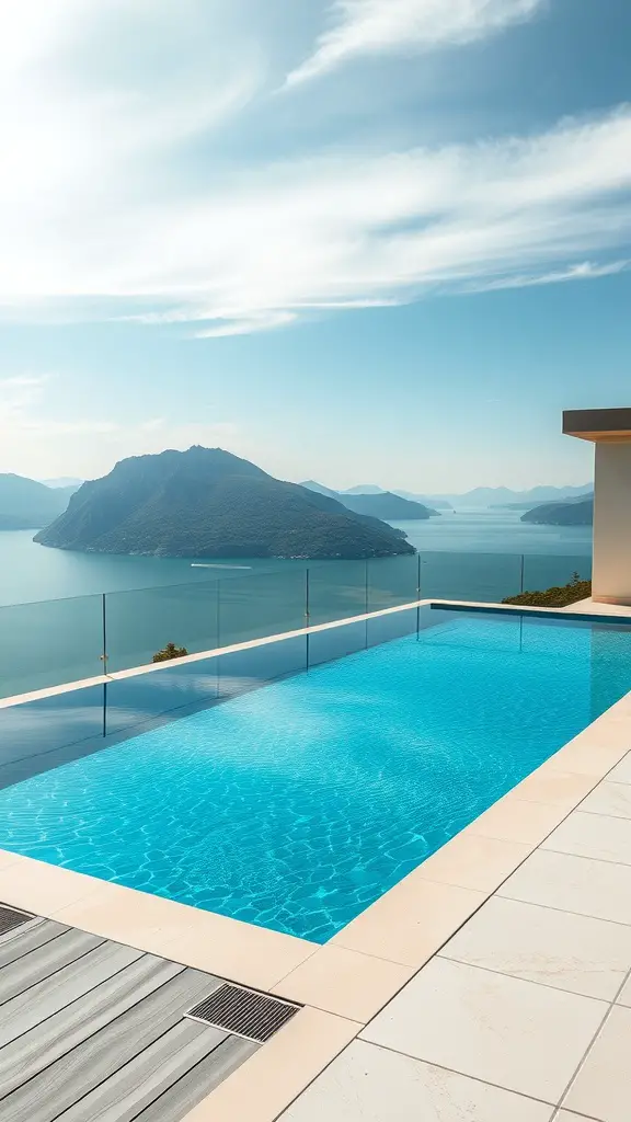 21 Stunning Backyard Swimming Pool Ideas You’ll Love 8 A beautiful raised swimming pool overlooking a serene landscape with mountains and water.