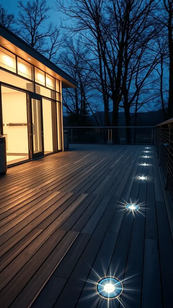 13 Stunning Deck Lighting Ideas to Illuminate Your Outdoor Space 9 A modern deck with recessed lighting embedded in the floor, illuminated in the evening with trees in the background.