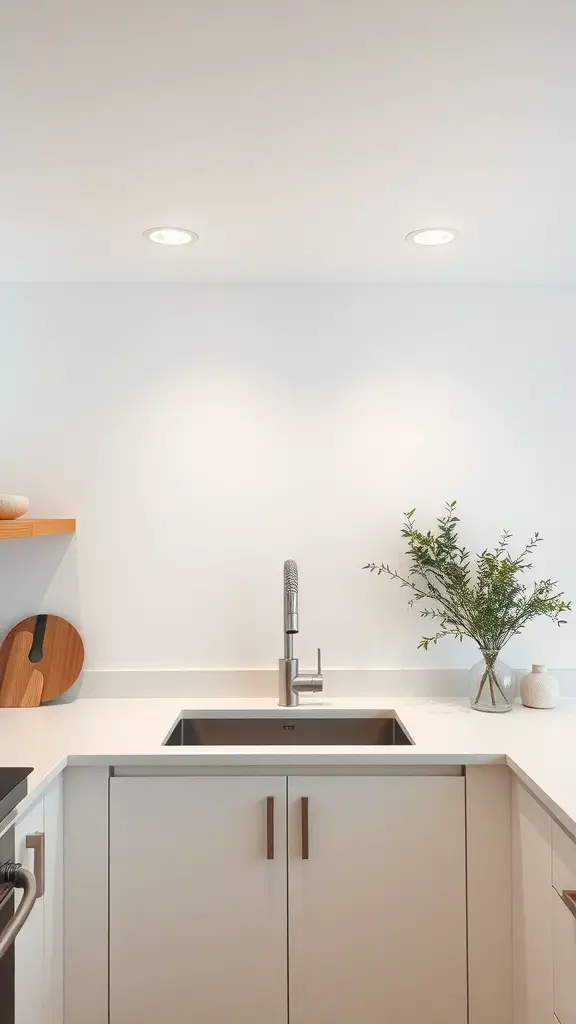 21 Stylish Above Sink Lighting Ideas for Your Kitchen 17 A modern kitchen sink area with recessed lighting above, showcasing a clean design.
