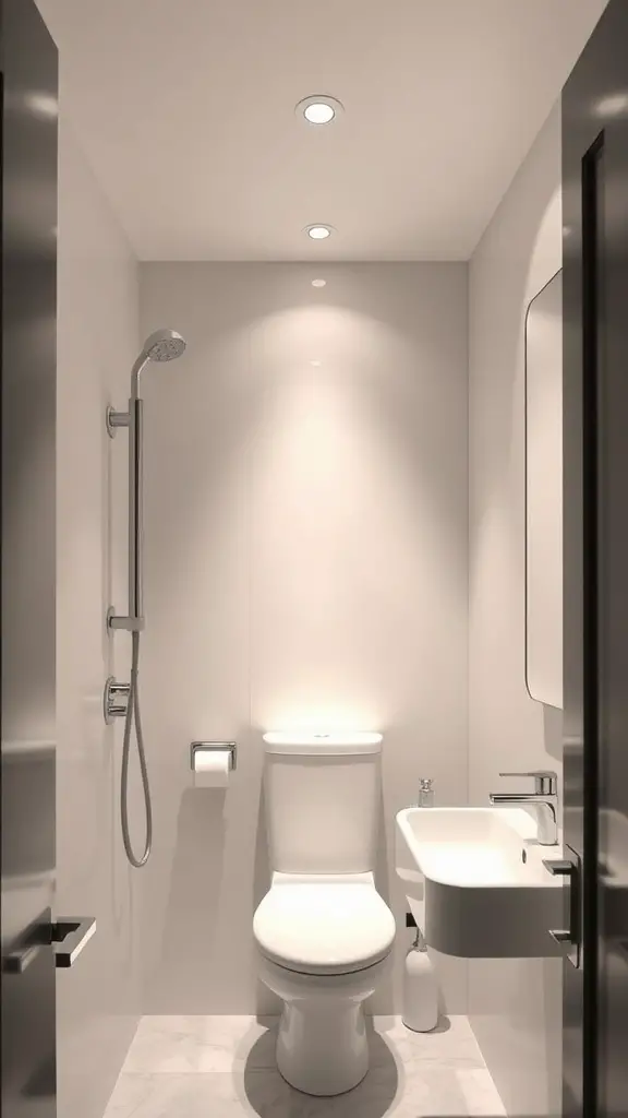 21 Small Bathroom Lighting Ideas to Brighten Your Space 4 A small modern bathroom with recessed lighting, featuring a shower, toilet, and sink.