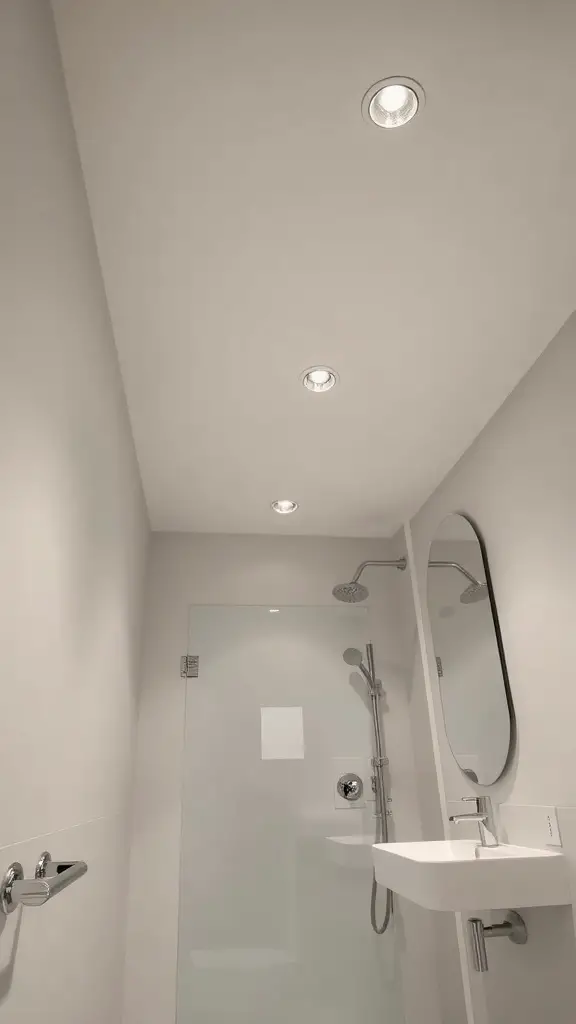 17 Stunning Bathroom Lighting Ideas to Transform Your Space 4 A bathroom featuring recessed lighting in the ceiling, showcasing a clean and modern design.