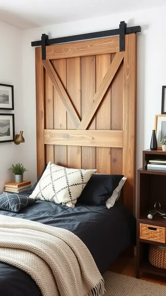 17 Creative Dorm Headboard Ideas to Transform Your Space 5 Reclaimed barn door headboard in a dorm room setting