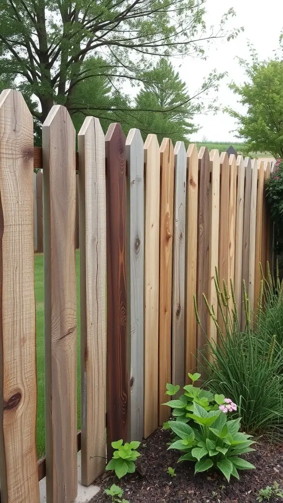 21 Creative Garden Fence Ideas to Transform Your Outdoor Space 10 A fence made of reclaimed barn wood with varying shades of wood colors, pointed tops, and lush greenery in the foreground.