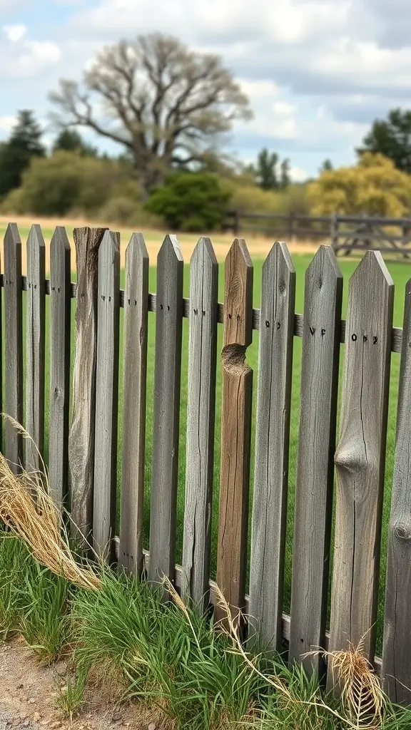 15 Affordable Fence Ideas for Your Backyard 11 A rustic fence made of reclaimed wooden palings, showcasing various textures and colors