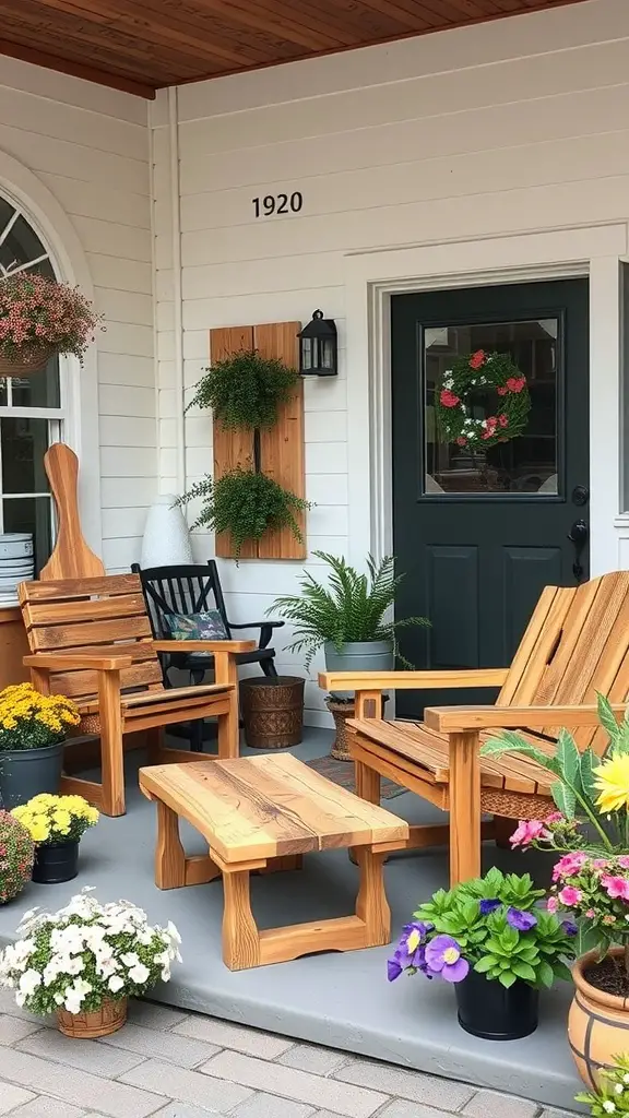 25 Charming Front Porch Furniture Ideas for a Cozy Outdoor Space 16 A cozy front porch featuring reclaimed wood furniture, including chairs and a table, surrounded by colorful flowers.