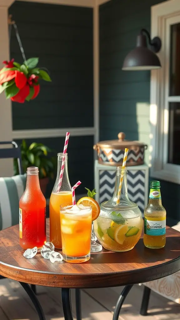 27 Charming Summer Front Porch Decor Ideas You’ll Love 17 A summer beverage station on a porch with colorful drinks, ice, and garnishes.