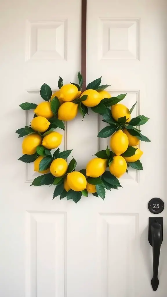 25 Creative Lemon Decor Ideas for Your Home 2 A lemon wreath featuring bright yellow lemons and green leaves, hanging on a white front door.