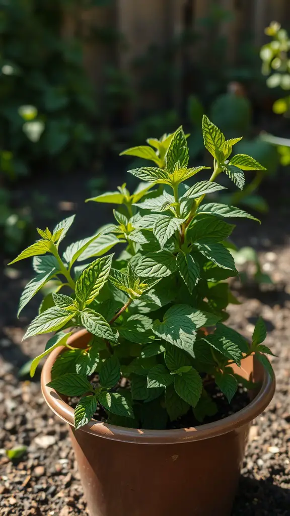19 Stunning Container Plants for Full Sun Gardens 17 A vibrant mint plant in a brown pot, showcasing lush green leaves in a sunny garden.