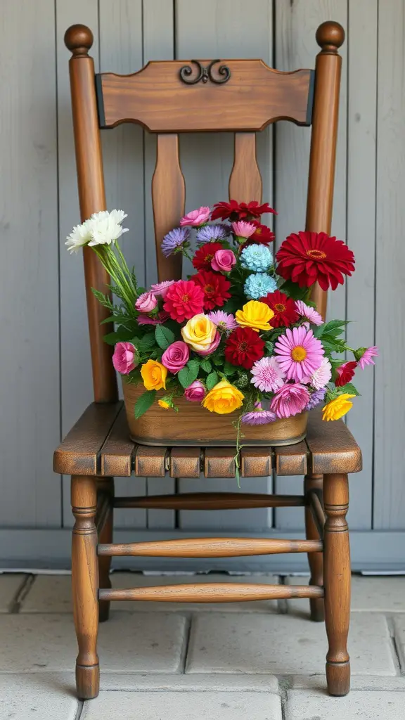 21 Charming Vintage Gardening Ideas to Transform Your Outdoor Space 5 A vintage wooden chair with a colorful arrangement of flowers