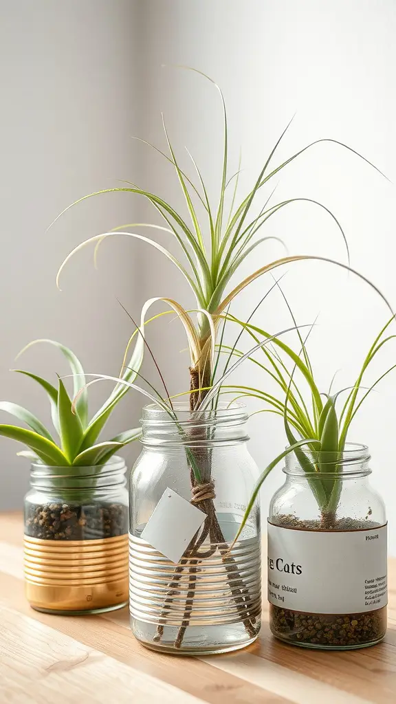 19 Creative Air Plant Display Ideas for Your Home 11 Three air plants displayed in repurposed glass jars on a wooden surface.