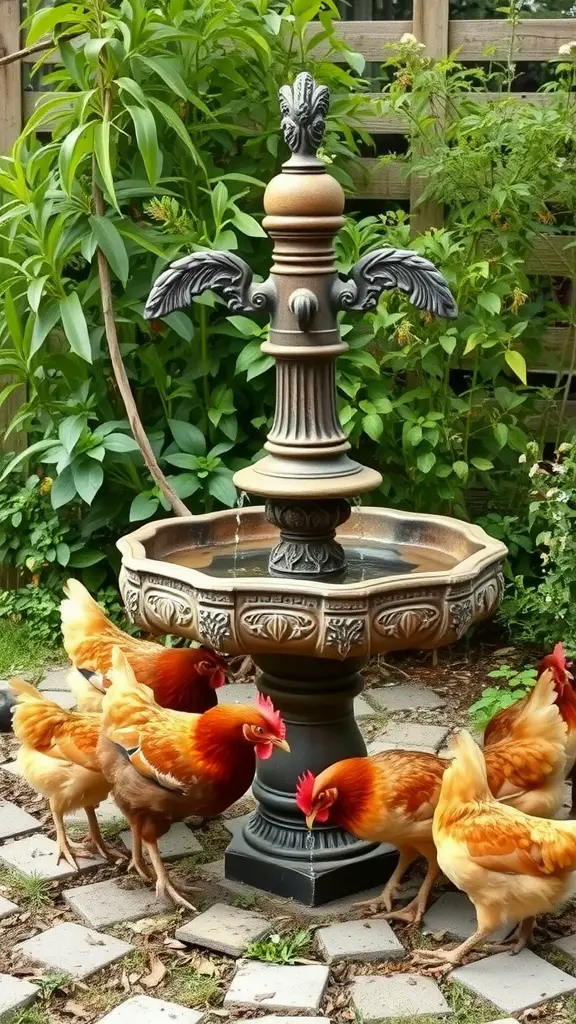 17 Creative DIY Chicken Waterer Ideas for Your Coop 7 A decorative fountain with chickens gathering around it in a garden setting.