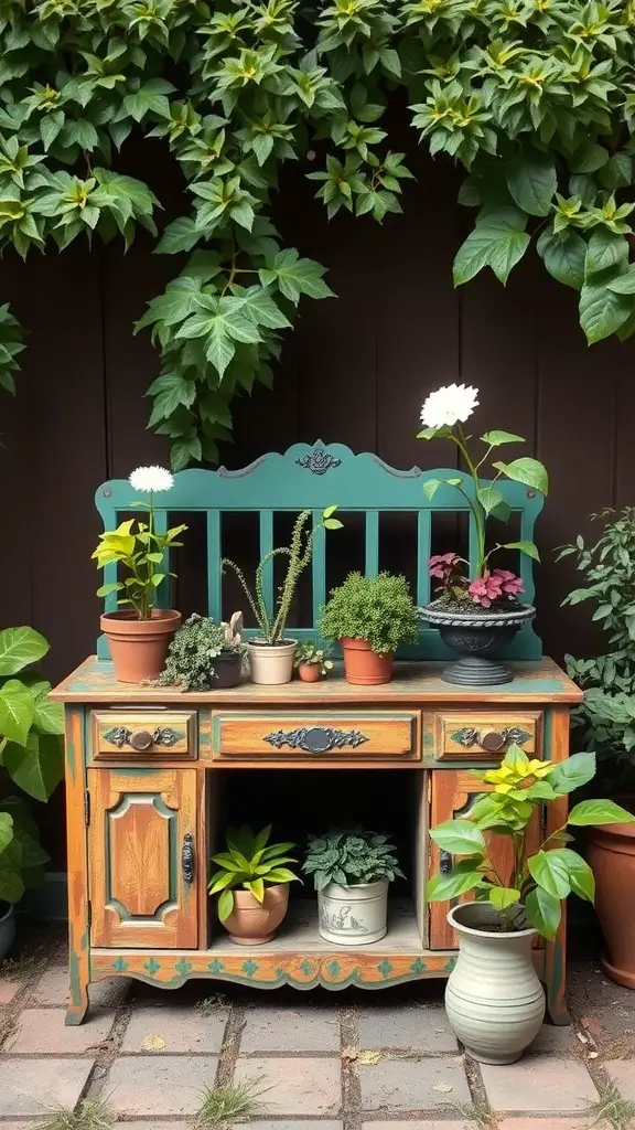 25 Creative Ideas for Beautiful Small Gardens 11 A vintage cabinet used as a plant stand in a garden, displaying various potted plants with a background of lush greenery.