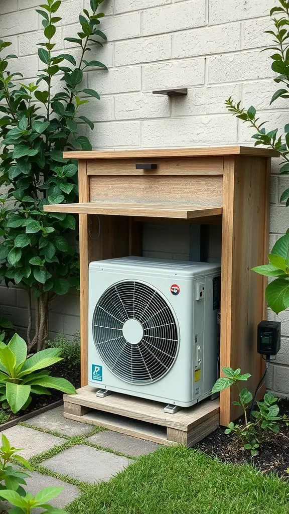 15 Creative Outdoor Ideas for AC Unit Covers 17 Wooden cabinet covering an outdoor air conditioning unit in a garden setting.